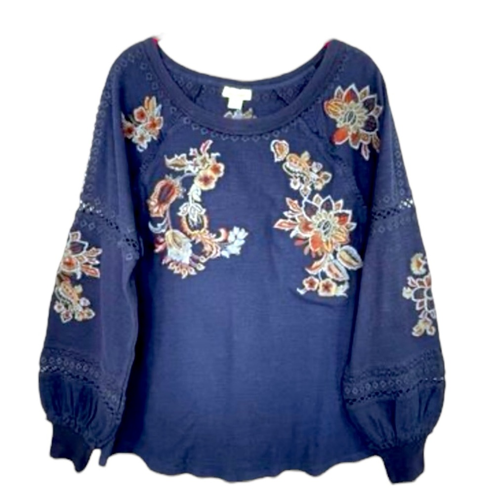 Sundance Embroidered Floral Cotton Peasant Blouse Navy Size Medium